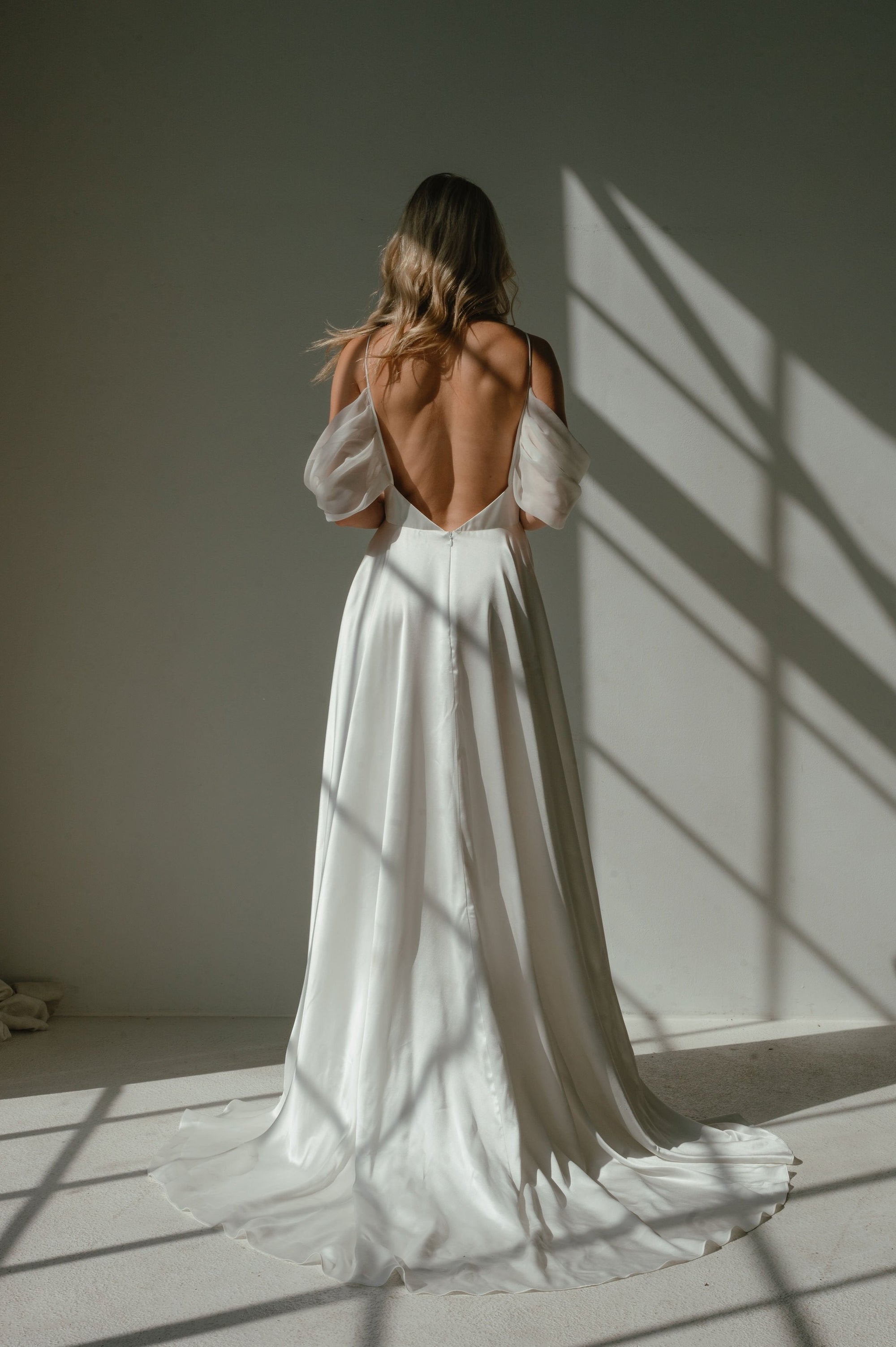 The Dreamy Kendra: Luxurious Silk, Whisper Thin Straps, Low Back, and Sheer Silk Off-Shoulder Sleeves