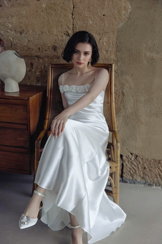 Vintage rose-trimmed satin slip wedding dress with spaghetti straps at Mae Bridal, ready to ship wedding dress, satin slip dress
