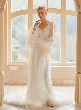 Selena Huan Studio ostrich feather floor length satin robe at Mae Bridal, bridal getting ready robe, wedding morning loungewear