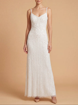 Lara New York beaded spaghetti strap sheath gown in ivory at Mae Bridal, beaded wedding gown, Santa Monica bridal boutique