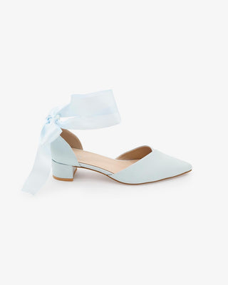 Kailee P. satin pointy toe low block heel in light blue at Mae Bridal, something blue wedding shoes, bridal block heel, Santa Monica bridal