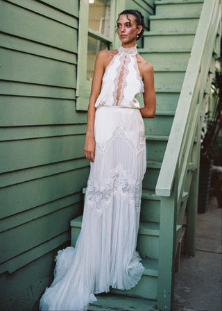 Théoro Mia Gown Chantilly lace halter at Mae Bridal, lace wedding dress, halter wedding dress, silk wedding gown