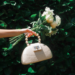 THE ORLA Cream Woven Straw & Shell Pearl Bead Statement Clutch Bag