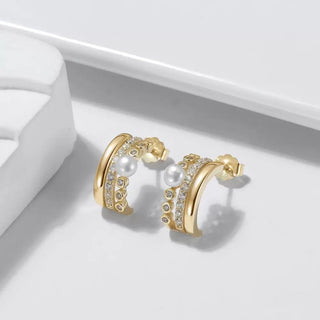 Pave Curve Pearl Hoop Earrings