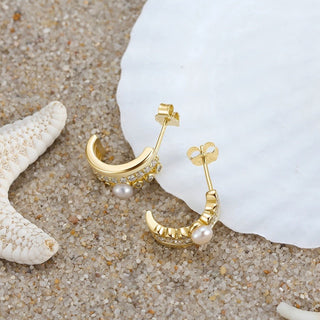 Pave Curve Pearl Hoop Earrings