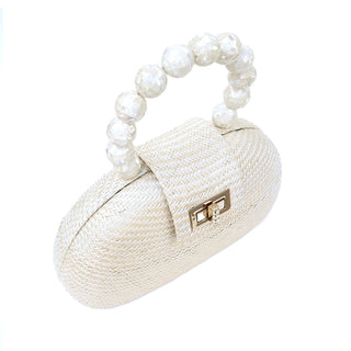 THE ORLA Cream Woven Straw & Shell Pearl Bead Statement Clutch Bag