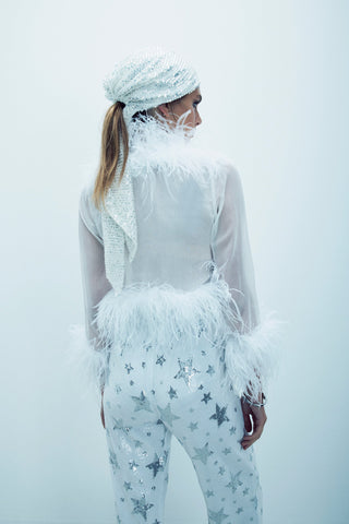 Ritzy Ostrich Feather Detail Chiffon Blouse Cream