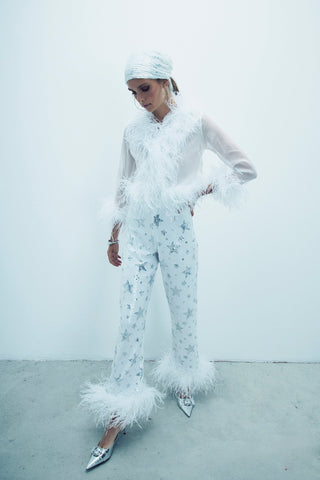 Ritzy Ostrich Feather Detail Chiffon Blouse Cream