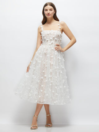 3D Floral Embroidered Little White Midi Dress with Nude Corset Underlay
