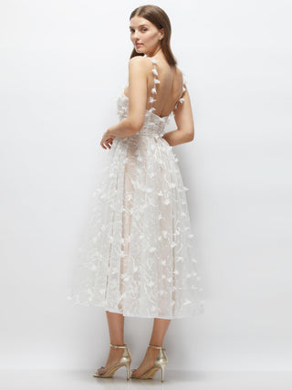 3D Floral Embroidered Little White Midi Dress with Nude Corset Underlay