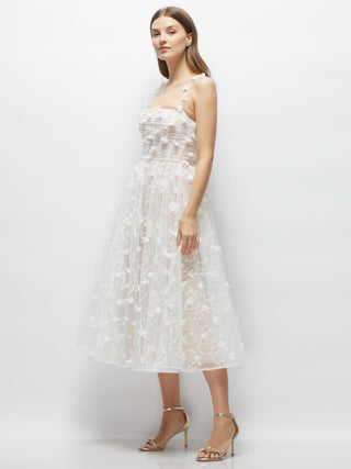 3D Floral Embroidered Little White Midi Dress with Nude Corset Underlay