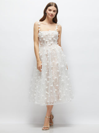 3D Floral Embroidered Little White Midi Dress with Nude Corset Underlay