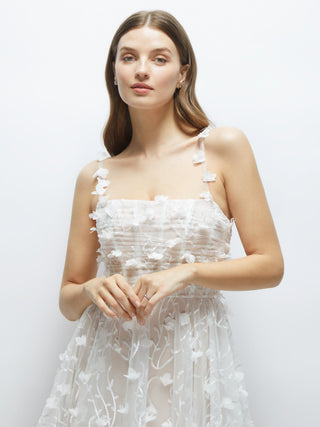 3D Floral Embroidered Little White Midi Dress with Nude Corset Underlay