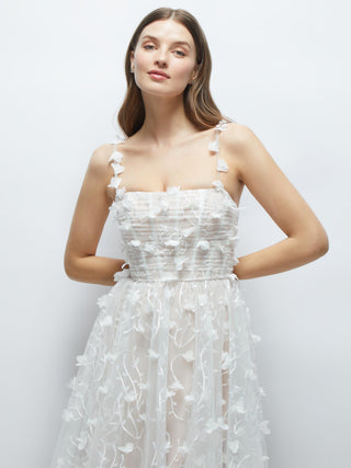3D Floral Embroidered Little White Midi Dress with Nude Corset Underlay