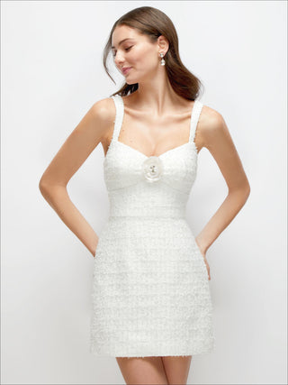 Luxe Bridal Tweed Mini Dress with Sequin Flower Detail