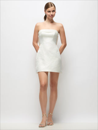 Strapless Cuff Neck Embossed Floral Jacquard Little White Dress with Mini Skirt & Oversized Bow