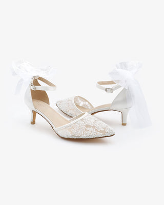 Crochet Lace Pointy Toe Wedding Kitten Low Heel with Tulle Back Bow
