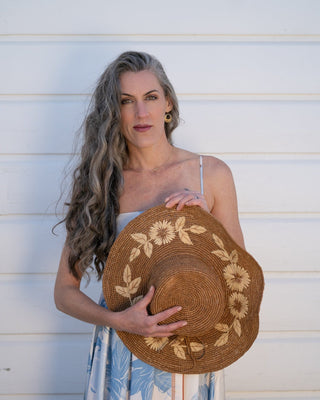 Gigi 5.5" Wide Brim Crochet Raffia Straw Sun Hats with Embroidered Flowers