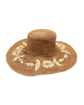 Gigi 5.5" Wide Brim Crochet Raffia Straw Sun Hats with Embroidered Flowers