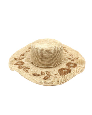 Gigi 5.5" Wide Brim Crochet Raffia Straw Sun Hats with Embroidered Flowers