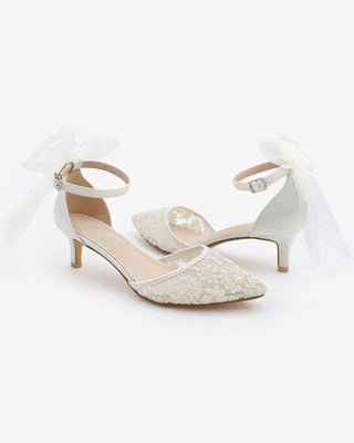 Crochet Lace Pointy Toe Wedding Kitten Low Heel with Tulle Back Bow