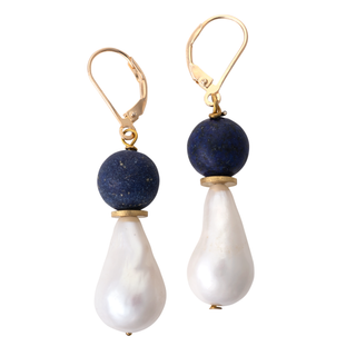 Blue Lapis and Biwa Pearl Drop Earrings