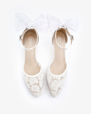 Crochet Lace Pointy Toe Wedding Kitten Low Heel with Tulle Back Bow