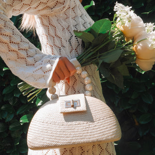 THE ORLA Cream Woven Straw & Shell Pearl Bead Statement Clutch Bag