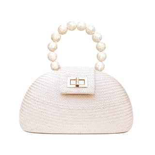 THE ORLA Cream Woven Straw & Shell Pearl Bead Statement Clutch Bag