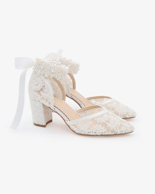 Lace Block Heel for Weddings with Perla Ankle Strap