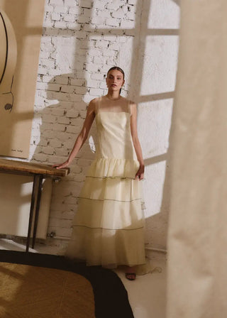 Isabel Gown by Alejandra Oria at Mae Bridal, sleeveless organza wedding dress, ruffled skirt wedding gown, silk dupioni slip