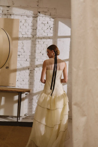 Alejandra Oria Isabel Gown, a two piece organza bridal gown at Mae Bridal, wedding dress with train, handmade in Madrid