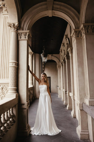&ForLove Chloe Gown back view with pearl buttons at Mae Bridal, silk wedding dress, pearl button wedding dress, drop waist wedding dress