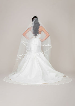 1606 Two-Tier Scallop Trimmed Cathedral Veil by Ariel Taub at Mae Bridal, two tier veil, cathedral wedding veil