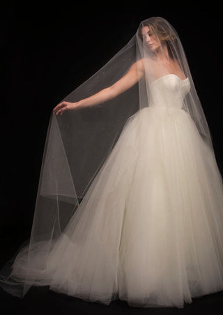 Ariel Taub 1607 Two-Tier Cathedral Scattered Crystal Veil at Mae Bridal, two tier scattered crystal veil, cathedral wedding veil, bridal veil