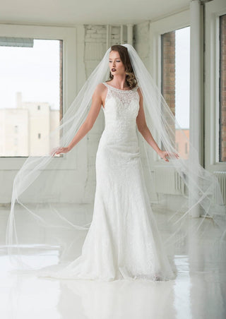 Cathedral wedding veil at Mae Bridal, the Ariel Taub 1902 Plain Cathedral Length Veil
