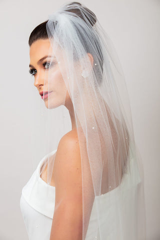 2000 Scattered Round Pearl Cathedral Veil by Ariel Taub at Mae Bridal, scattered pearl veil, cathedral wedding veil