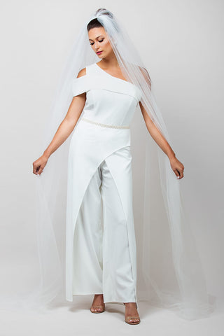 Cathedral wedding veil at Mae Bridal, the Ariel Taub 2000 Scattered Round Pearl Cathedral Veil
