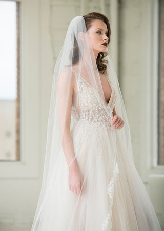 Fiona Cathedral Lace Veil by Ariel Taub at Mae Bridal, lace veil, cathedral wedding veil