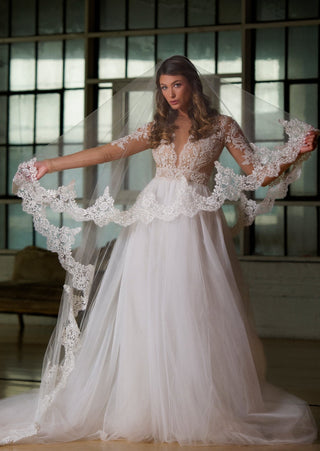 Ariel Taub Florence Two-Tier Cathedral Lace Veil at Mae Bridal, two tier lace veil, cathedral wedding veil, bridal veil