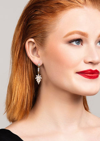 Nora Crystal Drop Earrings in Gold by Ariel Taub at Mae Bridal, crystal drop earrings, bridal earrings, gold colorway shown