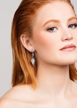 Nora Crystal Drop Earrings in Silver by Ariel Taub at Mae Bridal, crystal drop earrings, bridal earrings, silver colorway shown