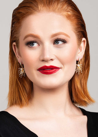 Novella Firework Earrings in Gold by Ariel Taub at Mae Bridal, firework earrings, bridal earrings, gold colorway shown