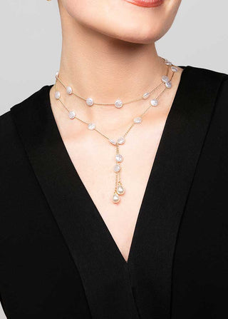 Oakley Pearl Lariat Necklace by Ariel Taub at Mae Bridal, pearl lace necklace, bridal necklace