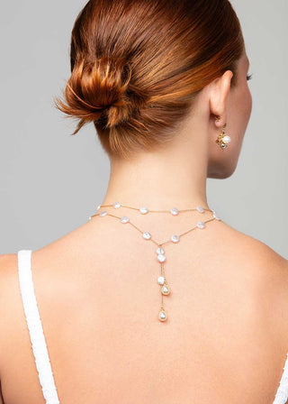 Ariel Taub Oakley Pearl Lariat Necklace at Mae Bridal, pearl lace necklace, bridal necklace, pearl wedding necklace, made by hand in Michigan