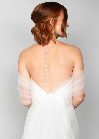 Oakley Pearl Lariat Necklace by Ariel Taub at Mae Bridal, pearl lace necklace, bridal necklace, made by hand in Michigan