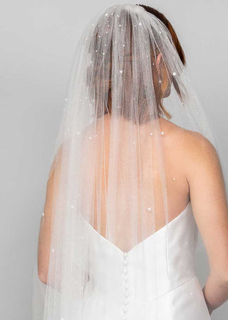 Odessa Fingertip Veil with Heavy Pearl Top by Ariel Taub at Mae Bridal, pearl veil, fingertip wedding veil