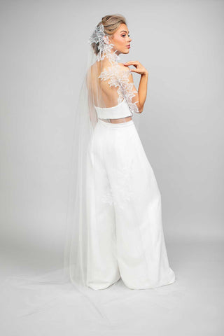 Peony Lace Mantilla Chapel Veil by Ariel Taub at Mae Bridal, mantilla lace veil, chapel wedding veil