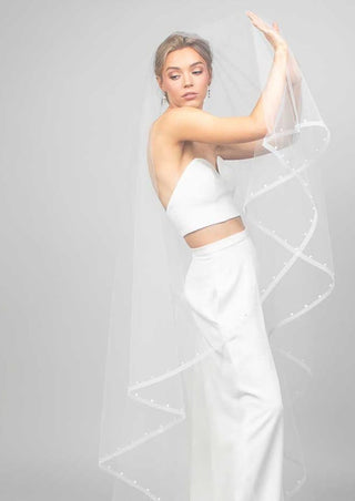 Piper Two-Tier Cathedral Veil with Horsehair and Pearl Studded Trim by Ariel Taub at Mae Bridal, two tier horsehair pearl veil, cathedral wedding veil