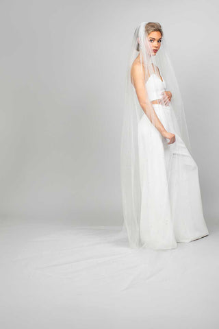 Ariel Taub Pixie Crystal Cathedral Veil at Mae Bridal, crystal veil, cathedral wedding veil, bridal veil